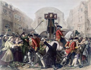 Daniel Defoe (1660-1731) képe a Temple Bar pilléren, tömeggel körülvéve (lásd még: 230551)